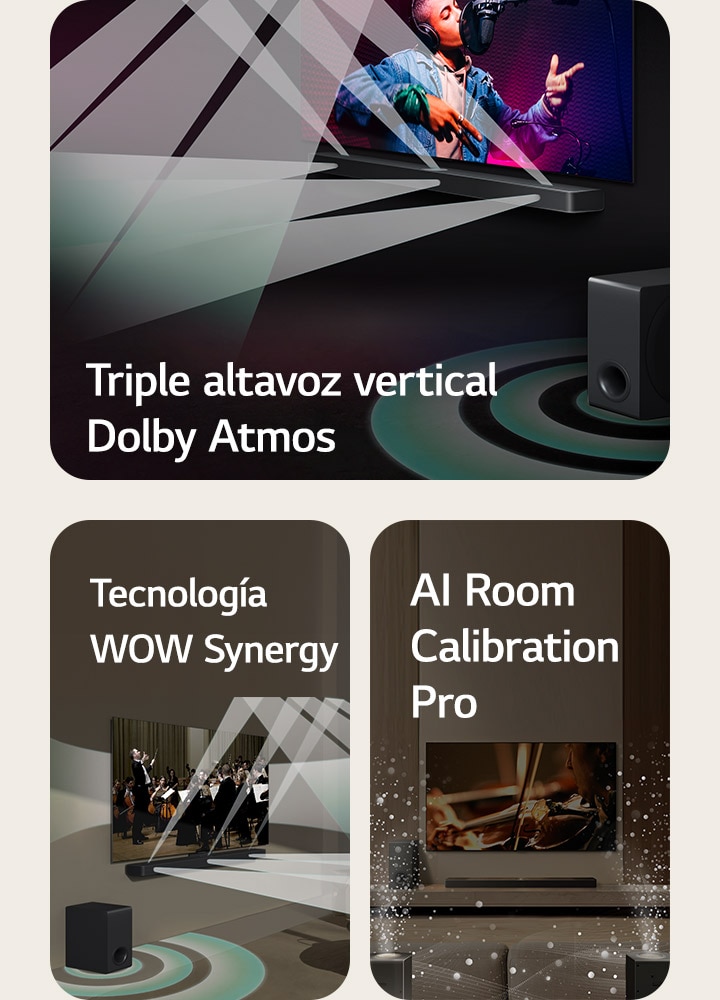 TV LG y barra de sonido LG en una sala negra reproduciendo una actuación musical. Gotas blancas que representan ondas sonoras se disparan hacia arriba y hacia adelante desde la barra de sonido, ya que el subwoofer crea un efecto de sonido desde la parte inferior. TV LG y barra de sonido LG en un salón tocando una actuación orquestal. Ondas blancas de gotas que representan ondas sonoras se disparan hacia arriba y hacia adelante desde la barra de sonido y salen proyectadas desde la televisión, mientras el subwoofer crea un efecto de sonido desde abajo. La TV LG, la barra de sonido LG, los altavoces traseros y un subwoofer están en el salón. Aparece una cuadrícula superpuesta sobre la sala, como un escaneo del espacio. Ondas sonoras blancas hechas de gotas muestran los altavoces traseros y la barra de sonido tocando en armonía.