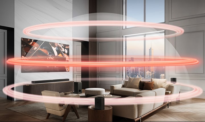 La televisión LG y la barra de sonido LG están en un apartamento de la ciudad. Tres bandas rojas aparecen una a una representando capas virtuales y se unen para formar una cúpula sonora completa.