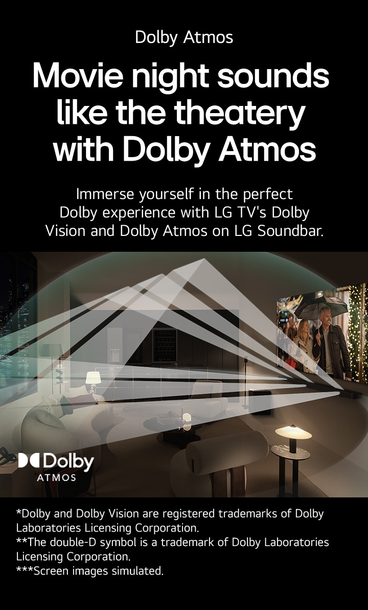 Una película suena en un televisor LG OLED y una barra de sonido LG en un apartamento moderno de la ciudad, con vista lateral. Cuentas blancas que representan ondas sonoras proyectan hacia arriba y hacia abajo desde la barra de sonido y la televisión, creando una cúpula sonora en el espacio. Logo de Dolby Atmos