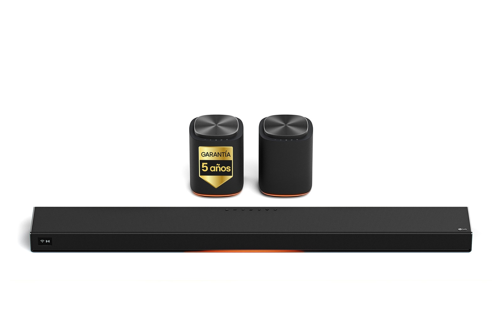 Vista frontal de LG Sound Suite - Pack Inmersive Suite 5, con barra de sonido H7 y 2 altavoces WiFi M5 H7.M5002