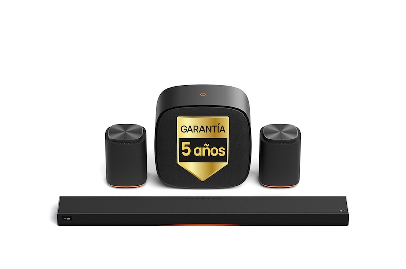 Vista frontal de LG Sound Suite - Pack Inmersive Suite 7 Pro, con barra de sonido H7, 2 altavoces WiFi M7 y subwoofer W7 H7.M7W7002