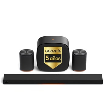 Vista frontal de LG Sound Suite - Pack Inmersive Suite 7 Pro, con barra de sonido H7, 2 altavoces WiFi M7 y subwoofer W7 H7.M7W7002