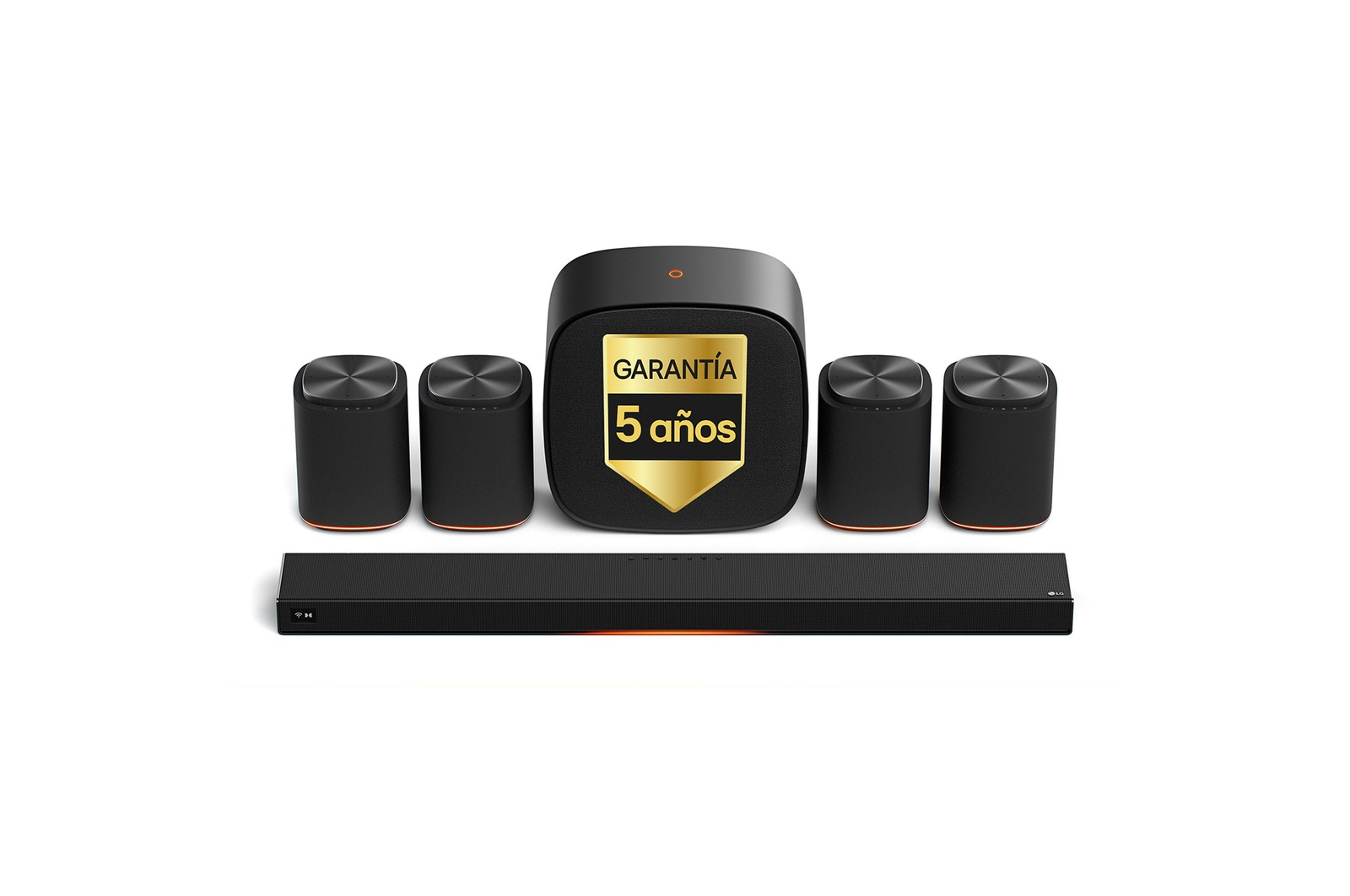 Vista frontal de LG Sound Suite - Pack Inmersive Quad Suite 7 Pro, con barra de sonido H7, altavoces WiFi 4 M7 y subwoofer W7 H7.M7W7001