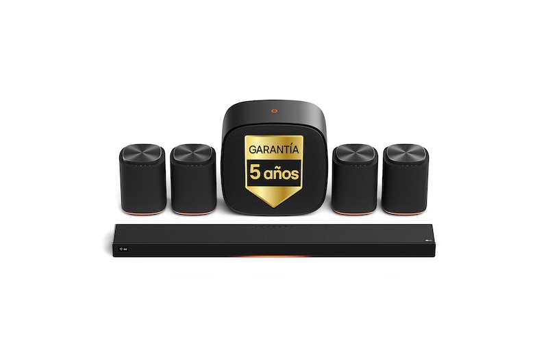 Vista frontal de LG Sound Suite - Pack Inmersive Quad Suite 7 Pro, con barra de sonido H7, altavoces WiFi 4 M7 y subwoofer W7 H7.M7W7001