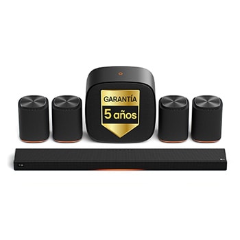 Vista frontal de LG Sound Suite - Pack Inmersive Quad Suite 7 Pro, con barra de sonido H7, altavoces WiFi 4 M7 y subwoofer W7 H7.M7W7001
