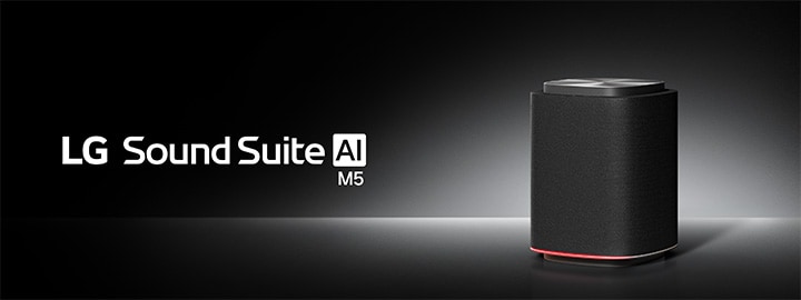 Altavoz inalámbrico LG Sound Suite M5 con un diseño negro delgado y una luz roja para los sistemas de sonido envolvente inmersivo