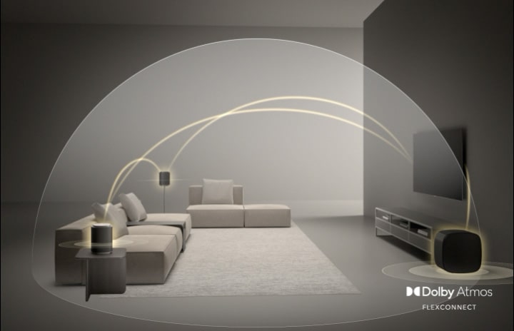 La tecnología Dolby Atmos FlexConnect detecta de forma inteligente la posición de cada altavoz, tanto si está colocado libremente como si se ha añadido recientemente, y optimiza las señales de audio en tiempo real para ofrecer un sonido envolvente en todo el espacio.