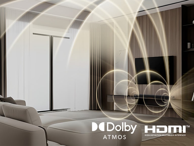 Una sala de estar con ondas sonoras curvas procedentes de una barra de sonido LG Sound Suite con sistema de sonido envolvente Dolby Atmos FlexConnect compatible para televisores