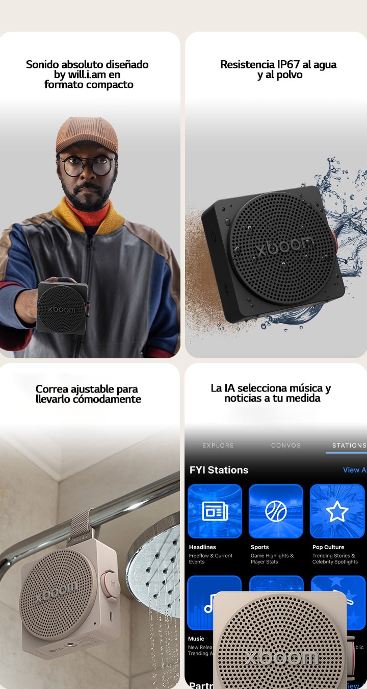 1) Altavoz Bluetooth portátil LG xboom mini compacto con sonido característico de will.i.am 2) Altavoces LG xboom mini bluetooth colgables, con una correa práctica para colgarlos fácilmente en cualquier espacio 3) Altavoz Bluetooth LG xboom mini con protección impermeable y a prueba de polvo IP67 para uso diario 4) LG xboom mini conectado a un smartphone, mostrando una interfaz seleccionada por IA con música y noticias personalizadas
