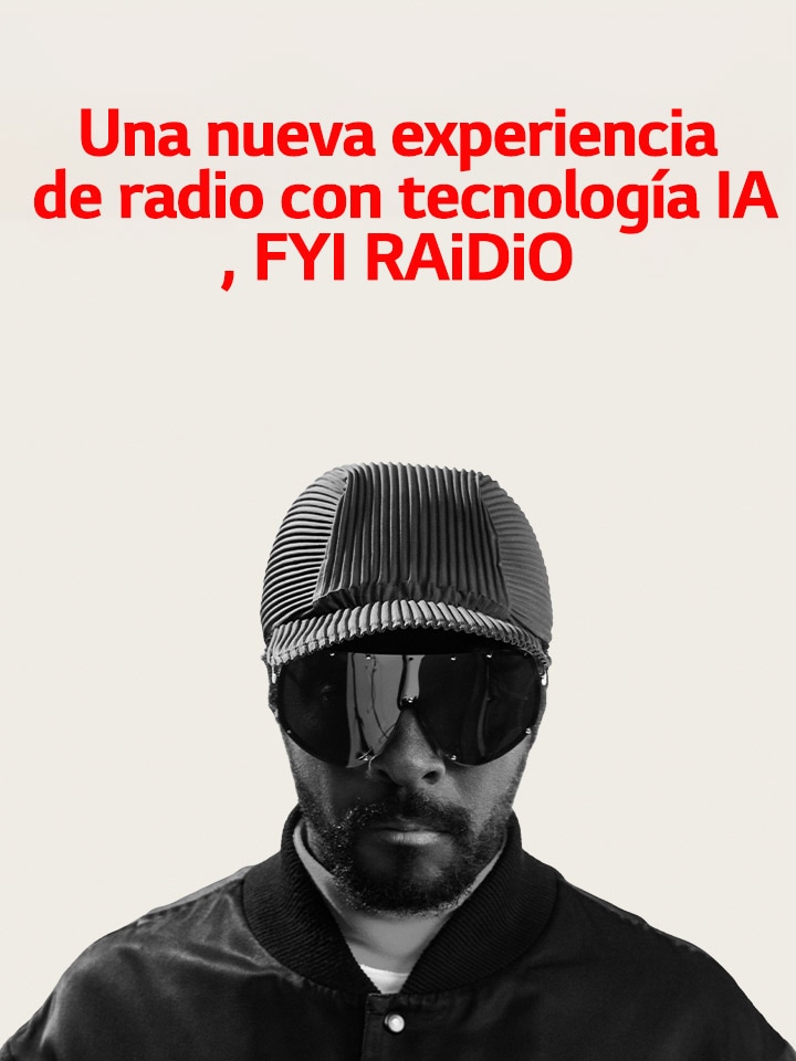 Gráficos de titulares de música y noticias seleccionadas por IA con will.i.am, enfatizando emisoras personalizadas impulsadas por IA generativa.