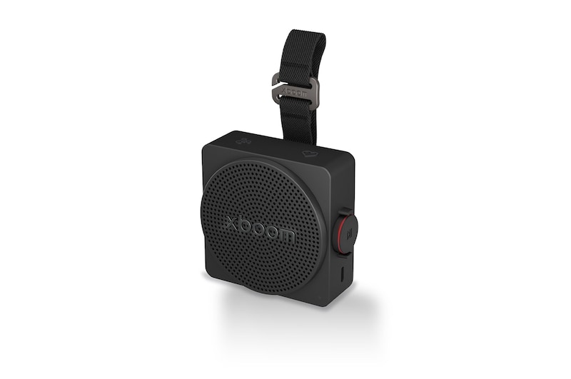 Vista frontal de LG xboom Mini - Altavoz inalámbrico, bluetooth, 5W, hasta 10h batería, resistencia IP67, Negro MINI