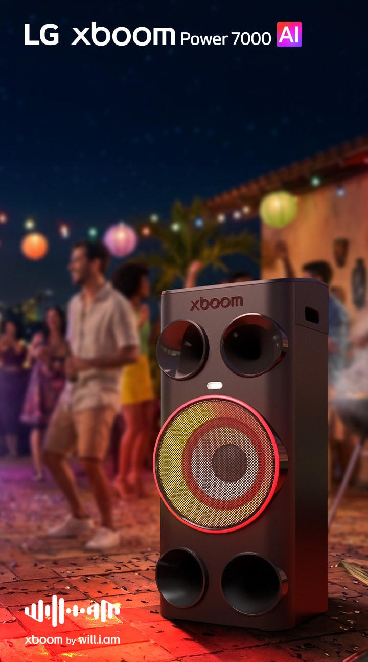 Altavoz de fiesta LG xboom Power 7000 con potente sonido de 340W, woofer de 10 pulgadas e iluminación multicolor para una experiencia de entretenimiento inmersiva.