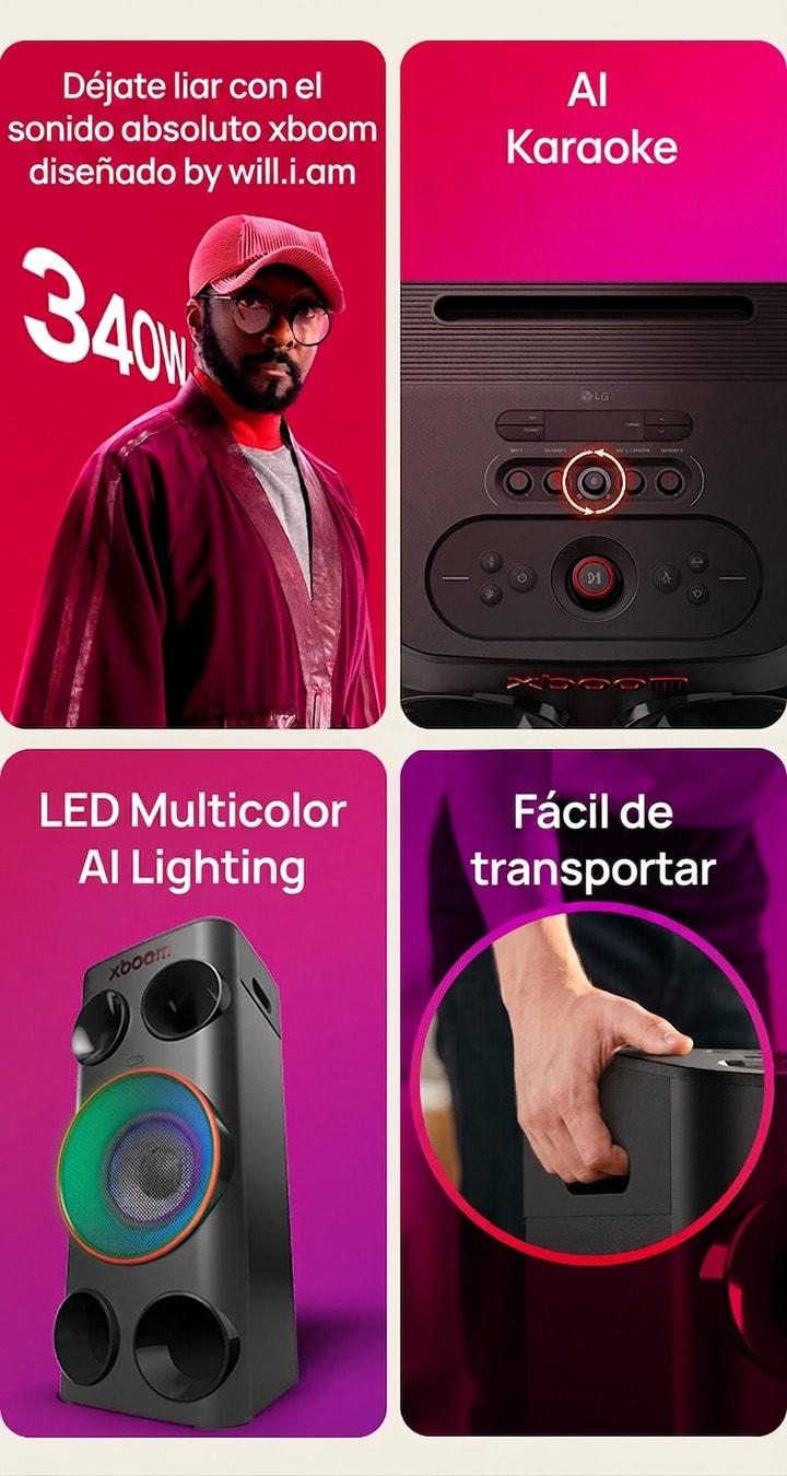 1) Altavoz de fiesta LG xboom Power 7000, con salida de 340W y sonido característico ajustado por will.i.am. 2) LG xboom Power 7000, un altavoz de karaoke con AI Karaoke Master 3) Altavoz de fiesta LG xboom Power 7000 que ofrece efectos de iluminación multicolor como altavoz con luces 4) Altavoz de fiesta LG xboom Power 7000, con manillas portátiles para facilitar su transporte.