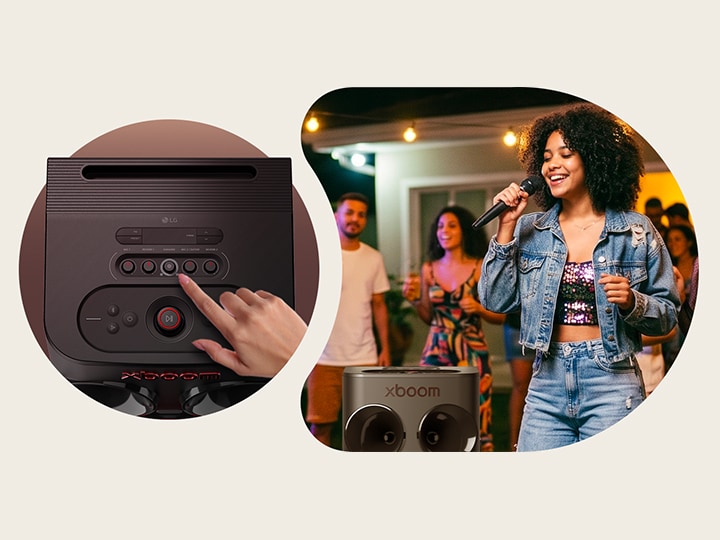 Gente cantando delante del LG xboom Power7000, activando el karaoke con IA con Vocal Remover y cambiador de teclados, sin necesidad de aplicación.
