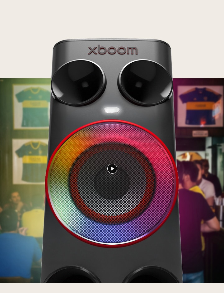 Altavoz de fiesta LG xboom Power 7000 con iluminación AI multicolor, un altavoz con luces que crean efectos de movimiento sincronizados con la música.