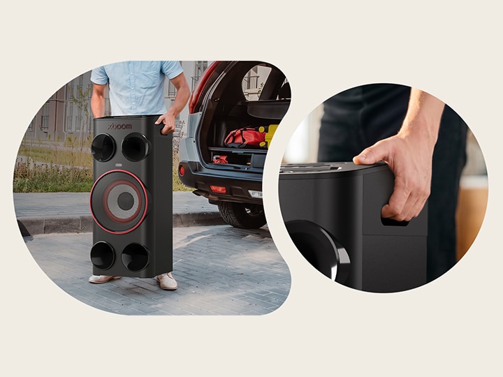 Altavoz de fiesta LG xboom Power 7000 diseñado con mangos integrados para facilitar su transporte...
