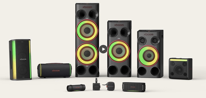 Línea LG xboom con efectos de iluminación sincronizados en múltiples parlantes, creando un ritmo conectado y un brillo sincronizado