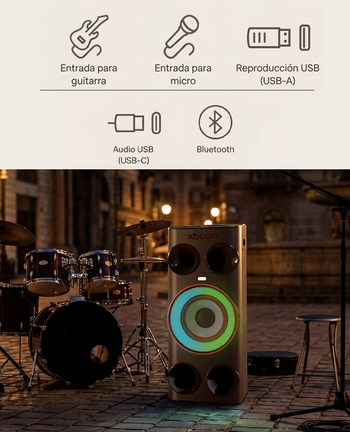 Altavoz de fiesta LG xboom Power 7000 con guitarra, batería, micrófono y múltiples entradas de audio para una conectividad fluida con múltiples dispositivos.