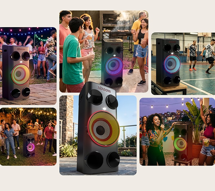 1) Altavoz LG xboom Power 7000 para fiesta que alimenta una fiesta nocturna al aire libre. 2) Altavoz LG xboom Power 7000 para fiestas en una barbacoa en el jardín. 3) Altavoz LG xboom Power 7000 para fiesta junto a un partido de futsal en interior. 4) Altavoz LG xboom Power 7000 en una reunión en el jardín. 5) Altavoz de fiesta LG xboom Power 7000 en un patio exterior. 6) Altavoz LG xboom Power 7000 en una fiesta de karaoke en la azotea.