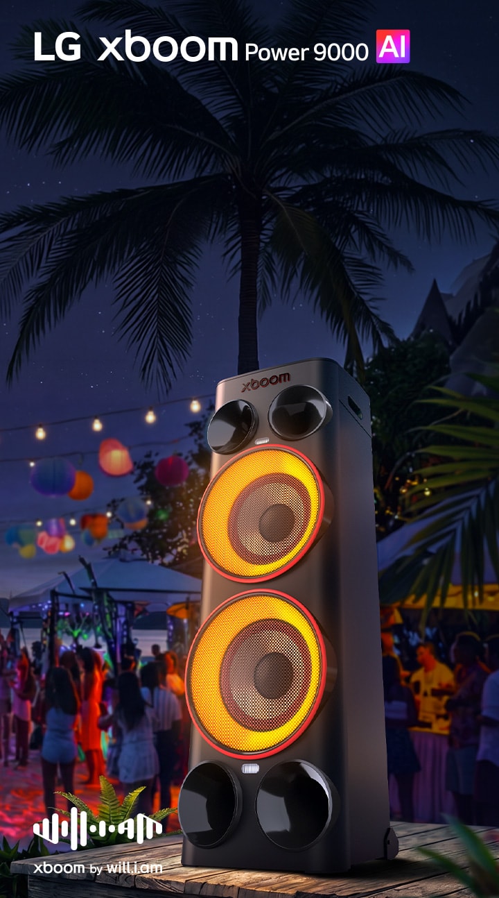 Altavoz de fiesta LG xboom Power 9000 con potente sonido de 340W, woofer de 10 pulgadas e iluminación multicolor para una experiencia de entretenimiento inmersiva.