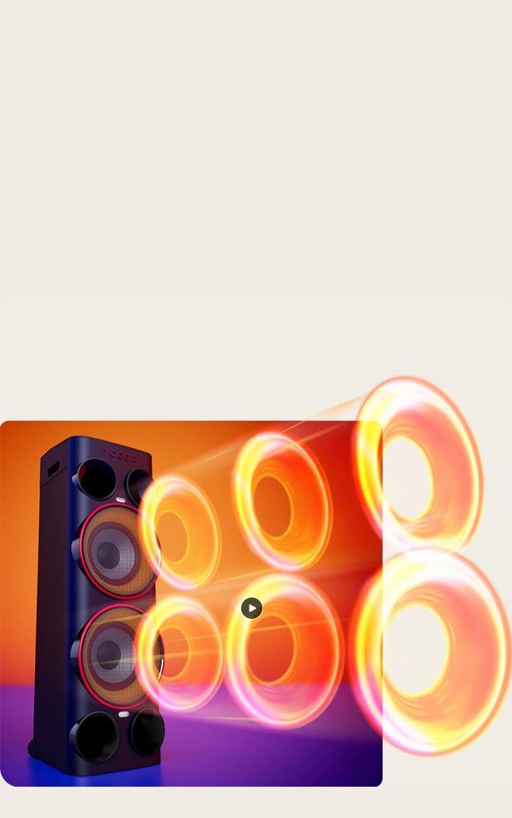 Altavoz de fiesta LG xboom Power 9000 con potencia RMS real de 440W y dos woofers para graves potentes y sonido potente