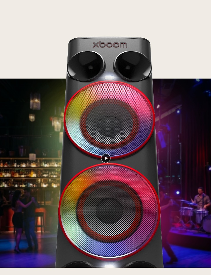 Altavoz de fiesta LG xboom Power 9000 con iluminación AI multicolor, un altavoz con luces que crean efectos de movimiento sincronizados con la música.