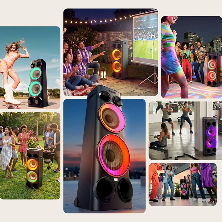 Altavoz de fiesta LG xboom Power 9000 con guitarra, batería, micrófono y múltiples entradas de audio para una conectividad fluida con múltiples dispositivos.
