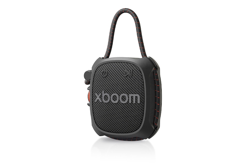 Vista frontal de LG xboom Rock - Altavoz inalámbrico, bluetooth, 6W, hasta 10h batería, resistencia militar, IP67, Negro ROCK