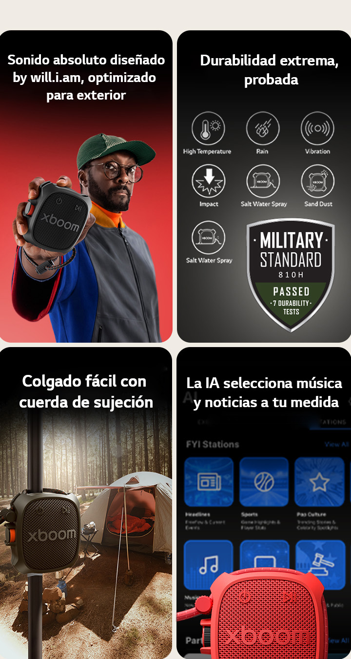 1) Altavoz portátil LG xboom Rock bluetooth, sonido característico refinado por will.i.am, diseñado para ofrecer un audio claro y potente en exteriores 2) LG xboom Rock, destacando la durabilidad probada, testada según estándares militares para resistir caídas, vibraciones y condiciones exteriores 3) Altavoz portátil LG xboom Rock, colgado al aire libre usando una cuerda totalmente montada, mostrando facilidad para colgar y colocar una posición flexible para uso exterior 4) Altavoz LG xboom Rock que muestra música seleccionada y recomendaciones de noticias por IA basadas en tus preferencias de escucha