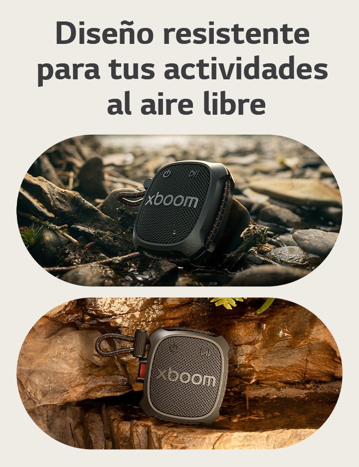 1) Altavoz portátil LG xboom Rock colocado sobre piedras de río mojadas, destacando su diseño impermeable y durabilidad para uso exterior 2) Altavoz portátil LG xboom Rock fijado sobre una superficie rocosa, enfatizando su construcción robusta y su usabilidad al aire libre