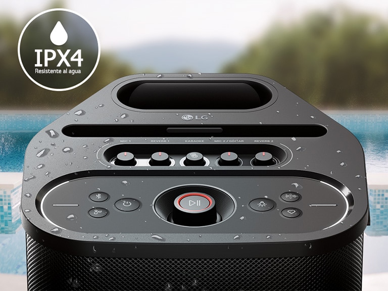 Altavoz LG xboom Stage 501 IPX4, un altavoz bluetooth resistente al agua que te permite disfrutar de música al aire libre sin preocuparte por el agua