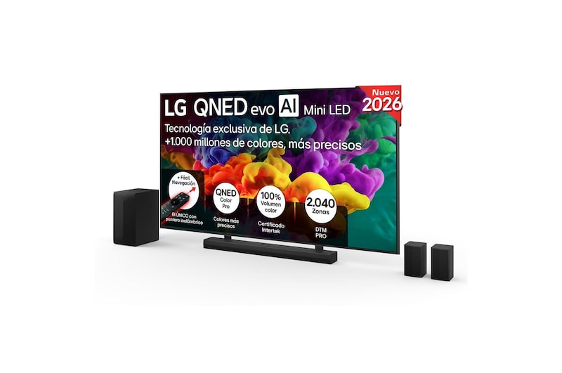 Vista frontal de Pack Smart TV LG QNED evo MiniLED AI QNED87 100 pulgadas 4K + Barra de Sonido S70TR + Soporte 100QNED87B6.SET
