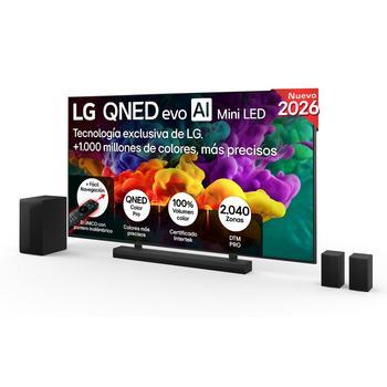 Vista frontal de Pack Smart TV LG QNED evo MiniLED AI QNED87 100 pulgadas 4K + Barra de Sonido S70TR + Soporte 100QNED87B6.SET