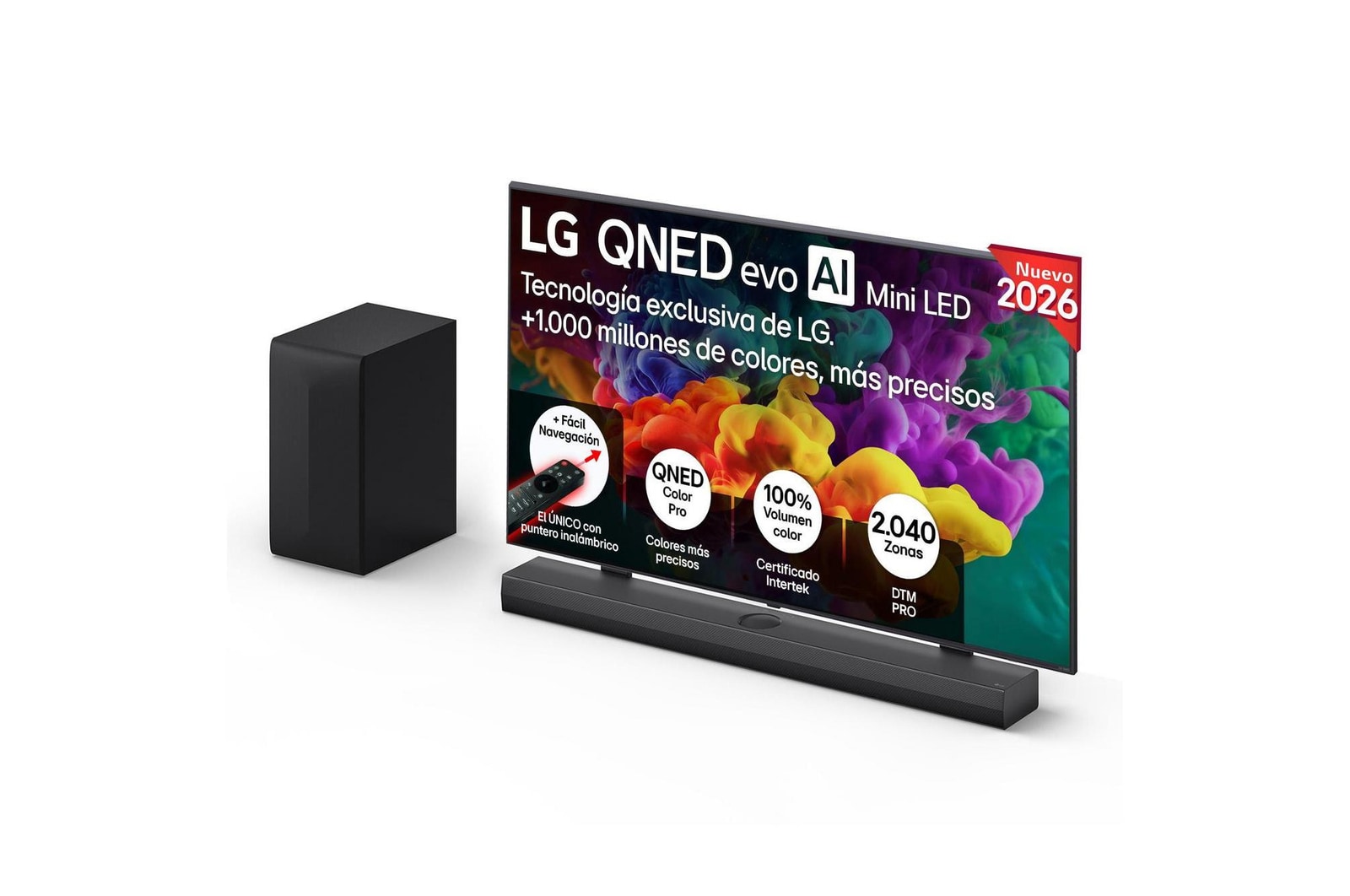Vista frontal de Pack Smart TV LG QNED evo MiniLED AI QNED85 65 pulgadas 4K 2026 + Barra de Sonido S70TY + Soporte 65QNED85B6A.SET