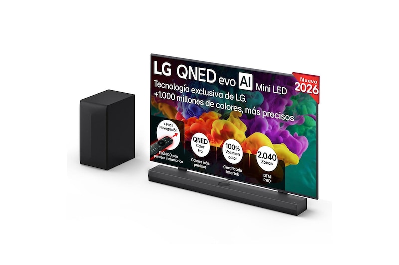 Vista frontal de Pack Smart TV LG QNED evo MiniLED AI QNED85 65 pulgadas 4K 2026 + Barra de Sonido S70TY + Soporte 65QNED85B6A.SET