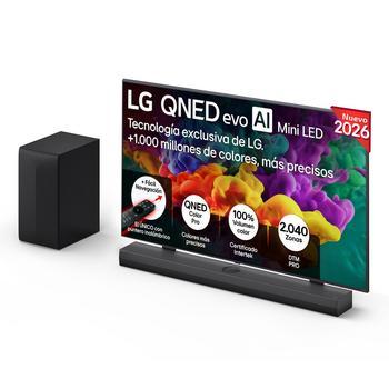 Vista frontal de Pack Smart TV LG QNED evo MiniLED AI QNED85 65 pulgadas 4K 2026 + Barra de Sonido S70TY + Soporte 65QNED85B6A.SET