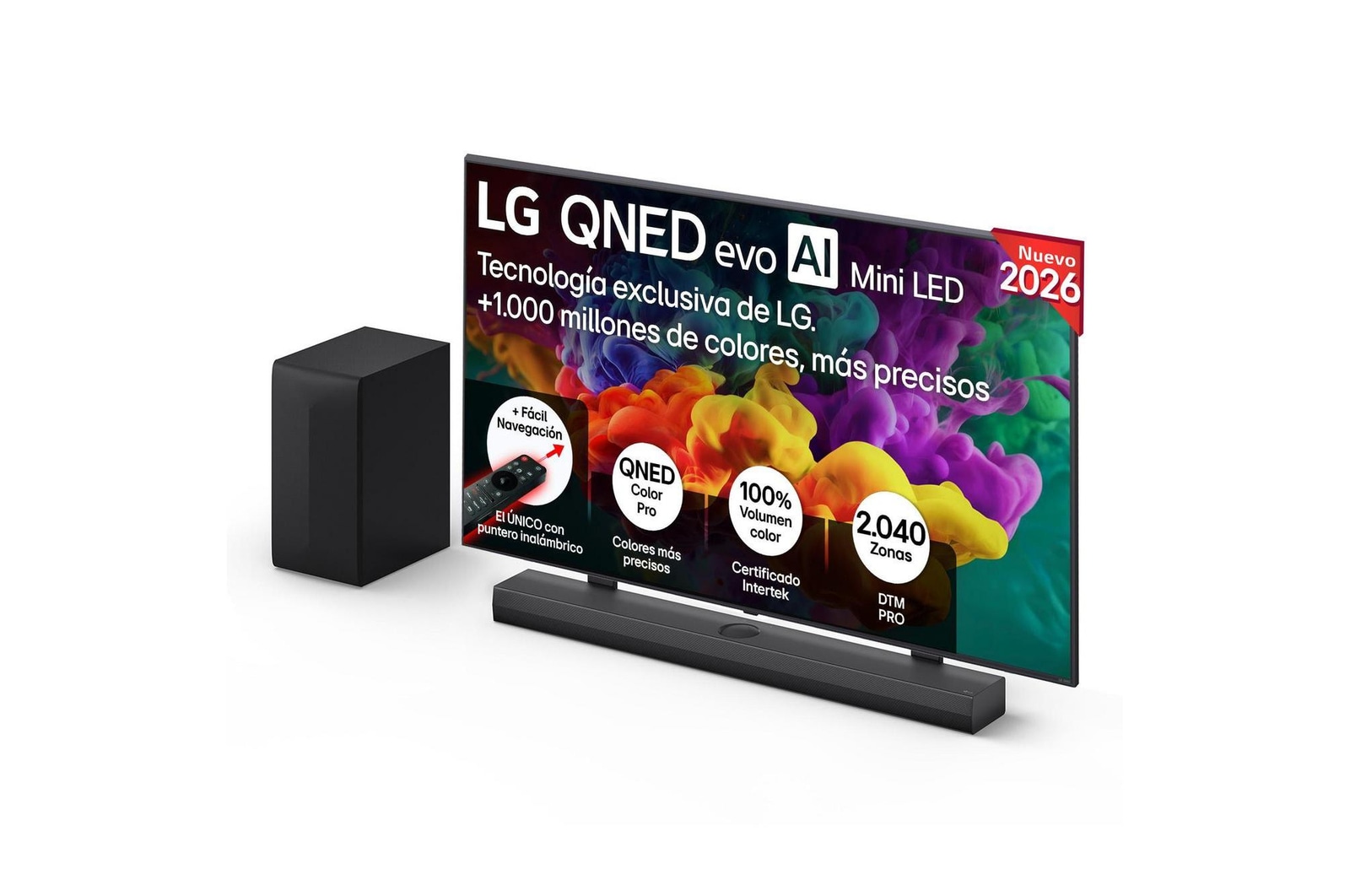 Vista frontal de Pack Smart TV LG QNED evo MiniLED AI QNED85 75 pulgadas 4K 2026 + Barra de Sonido S70TY + Soporte 75QNED85B6A.SET