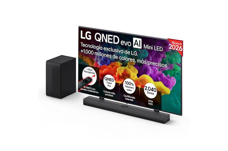 Vista frontal de Pack Smart TV LG QNED evo MiniLED AI QNED85 75 pulgadas 4K 2026 + Barra de Sonido S70TY + Soporte 75QNED85B6A.SET