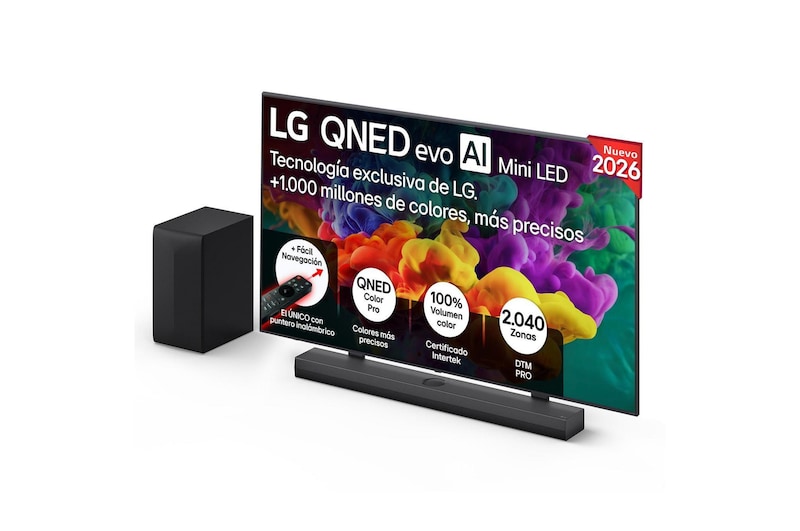 Vista frontal de Pack Smart TV LG QNED evo MiniLED AI QNED85 86 pulgadas 4K 2026 + Barra de Sonido S70TR + Soporte 86QNED85B6A.SET