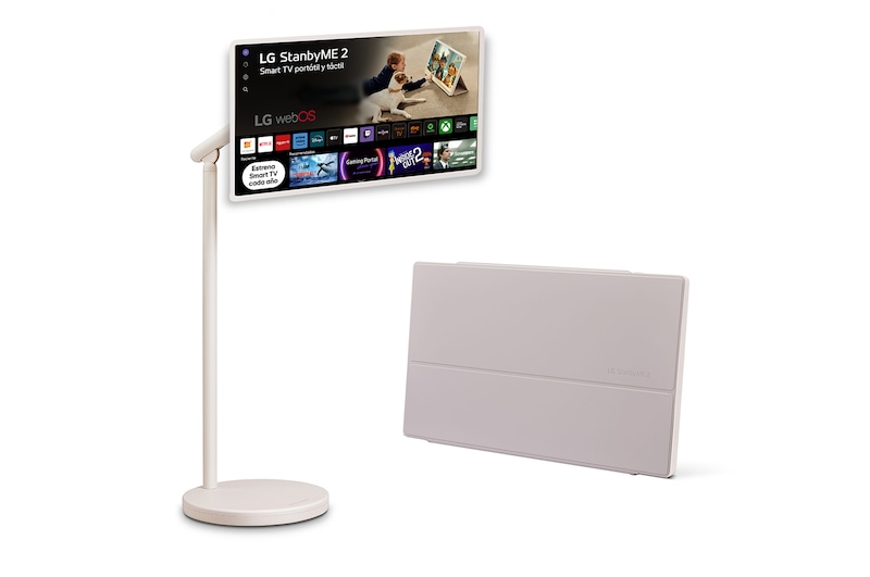 Vista frontal de Pack Smart TV Portátil LG StanbyME 2 de 27 pulgadas QHD táctil + Funda StanbyME2 Modo tablet 27LX6TDGA.SET