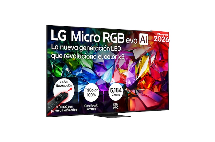 The front view of LG Micro RGB evo AI MRGB95, released in 2026, displays a vivid, crystalline image of sharply defined red, green, and blue facets, featuring 100-inch display, webOS, RGB Primary Color Ultra, and the α11 AI Processor 4K Gen3. 