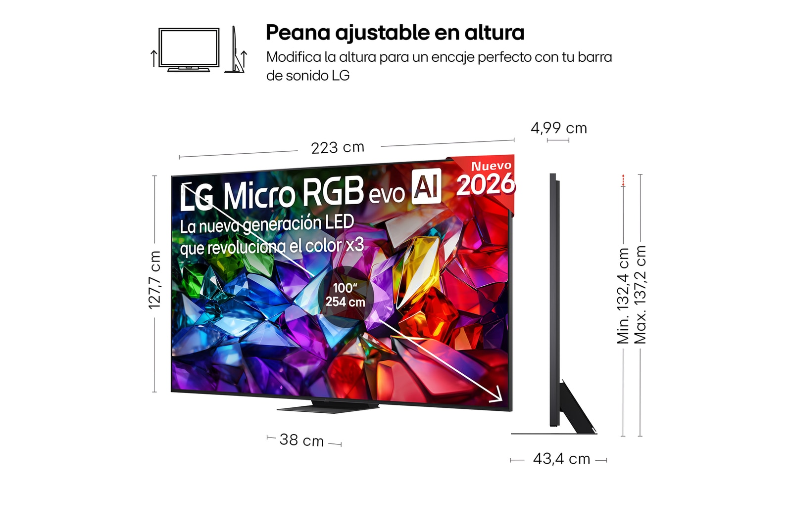 LG Micro RGB evo AI MRGB95 shown in front and side views highlights a 100-inch display with a 2230 mm-wide screen, 1277 mm screen height, 1374 mm height with stand, a 49.9 mm depth, and a stand footprint measuring 1725 by 415 mm.