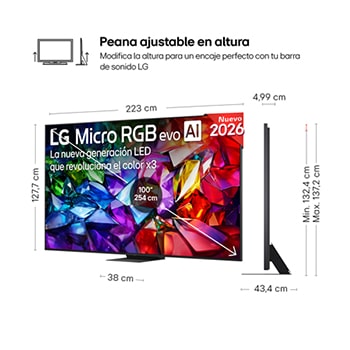 LG Micro RGB evo AI MRGB95 shown in front and side views highlights a 100-inch display with a 2230 mm-wide screen, 1277 mm screen height, 1374 mm height with stand, a 49.9 mm depth, and a stand footprint measuring 1725 by 415 mm.