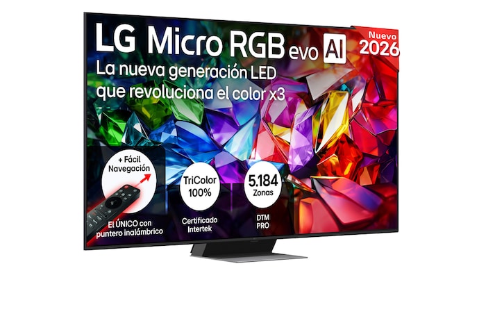 The front view of LG Micro RGB evo AI MRGB95, released in 2026, displays a vivid, crystalline image of sharply defined red, green, and blue facets, featuring 100-inch display, webOS, RGB Primary Color Ultra, and the α11 AI Processor 4K Gen3.