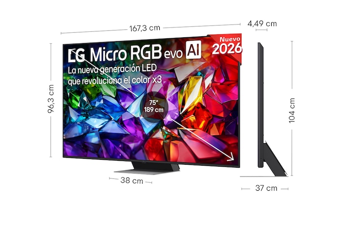 LG Micro RGB evo AI MRGB95 shown in front and side views highlights a 100-inch display with a 2230 mm-wide screen, 1277 mm screen height, 1374 mm height with stand, a 49.9 mm depth, and a stand footprint measuring 1725 by 415 mm.