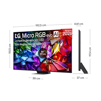 LG Micro RGB evo AI MRGB95 shown in front and side views highlights a 100-inch display with a 2230 mm-wide screen, 1277 mm screen height, 1374 mm height with stand, a 49.9 mm depth, and a stand footprint measuring 1725 by 415 mm.