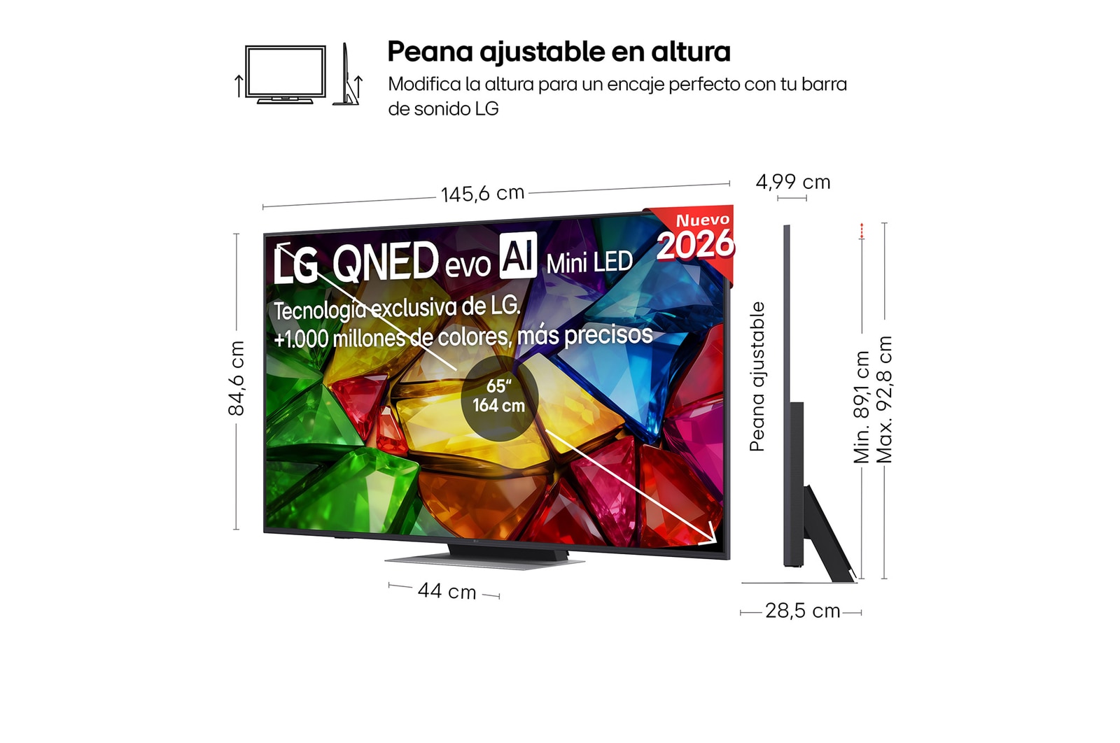 El LG Mini RGB evo AI MRGB85, mostrado en vistas frontal y lateral, destaca su pantalla de 75 pulgadas con una anchura de 1677 mm, una altura de 966 mm, una altura con soporte de 1032 mm, una profundidad de 51,6 mm y un espacio ocupado de 1499 por 359 mm.