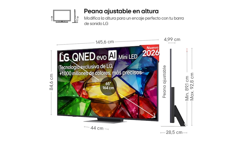 El LG Mini RGB evo AI MRGB85, mostrado en vistas frontal y lateral, destaca su pantalla de 75 pulgadas con una anchura de 1677 mm, una altura de 966 mm, una altura con soporte de 1032 mm, una profundidad de 51,6 mm y un espacio ocupado de 1499 por 359 mm.