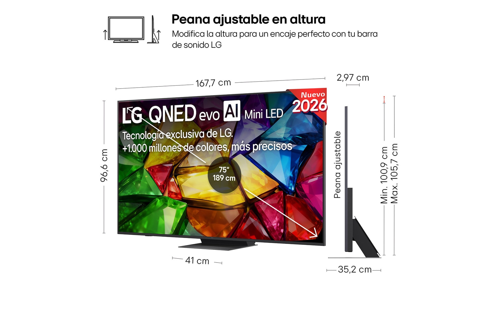 El LG Mini RGB evo AI MRGB85, mostrado en vistas frontal y lateral, destaca su pantalla de 75 pulgadas con una anchura de 1677 mm, una altura de 966 mm, una altura con soporte de 1032 mm, una profundidad de 51,6 mm y un espacio ocupado de 1499 por 359 mm.