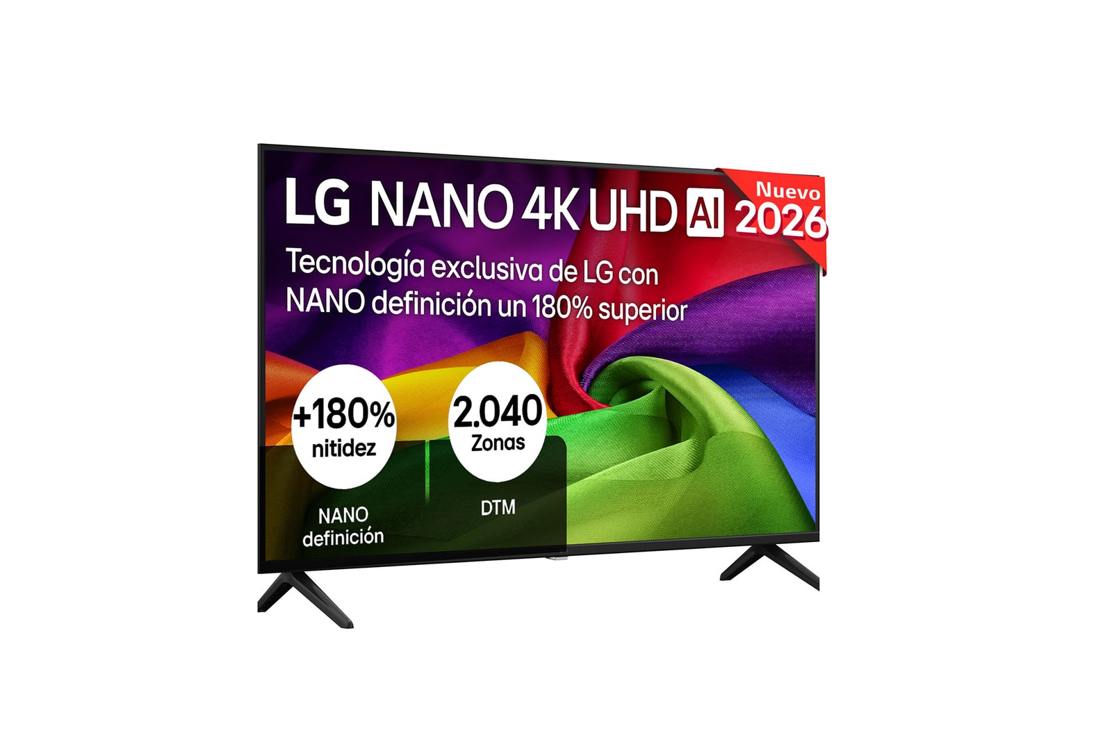 The front view of LG NANO 4K UHD AI NU80, released in 2026, fills the screen with richly textured, fabric-like color layers, where vibrant multicolored folds intertwine smoothly across the display.
